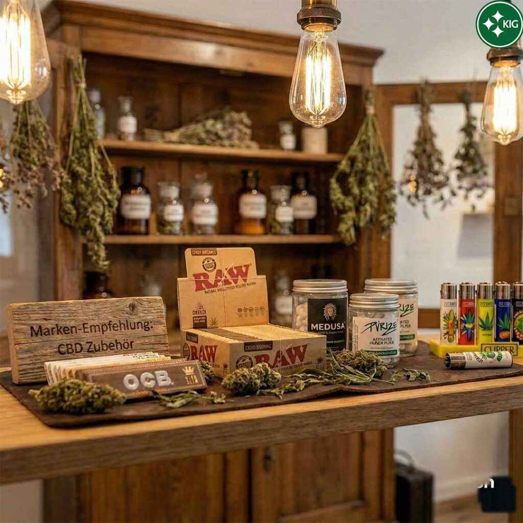 Elegant presentation of professional CBD accessories on a wooden table: a stand with Gizeh, OCB and Raw Papers, a glass filled with Purize and Medusa activated charcoal filters, as well as a collection of Clipper lighters, illuminated by a classic brass lamp.