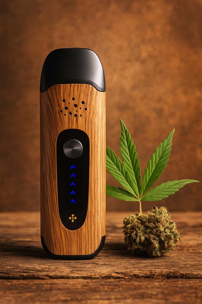 Close-up of the Wolkenkraft Äris Ultra Vaporizer on dark wood with greenish vapor