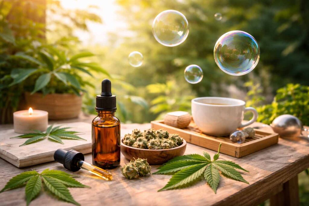 Cannabis e relax attraverso il CBD - scena naturale e calma con olio di CBD, fiori di cannabis e un'atmosfera rilassata