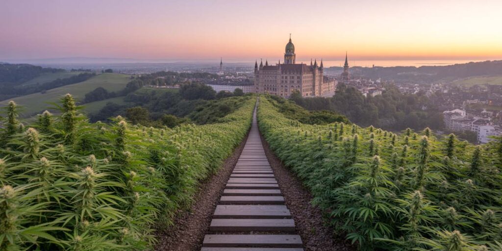 Paysage : un chemin mène directement d'un champ de chanvre en fleurs à la campagne au Palais fédéral à Berne ; symbole du processus politique de réglementation du cannabis.