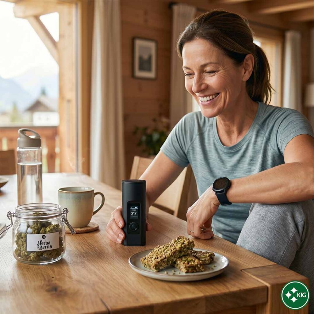 A relaxed athlete (Doris) after slow jogging, examining Herba di Berna CBD flowers from a glass jar next to a vaporizer and hemp bars. She uses the vaporizer as a healthy alternative to smoking.