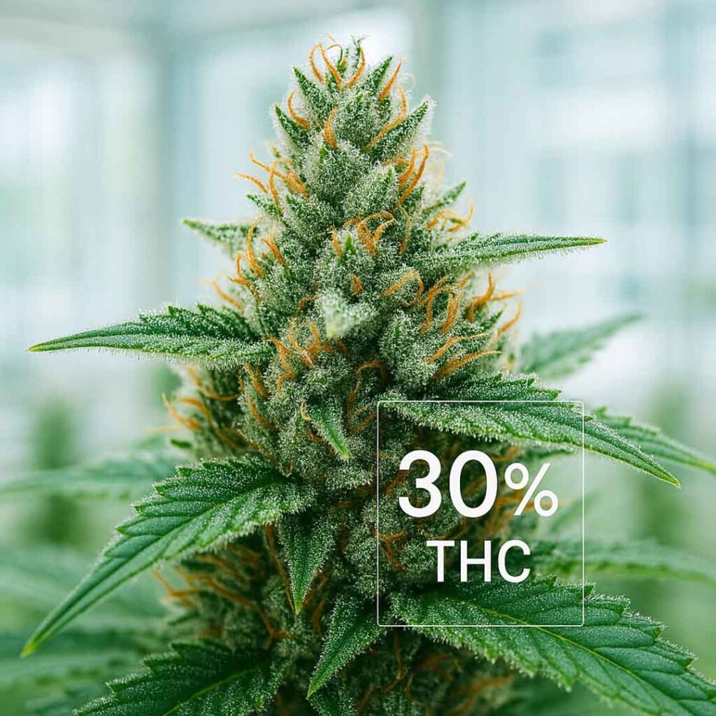 Gros plan sur une fleur de cannabis puissante avec des trichomes - Discussion sur le seuil de 30% de THC