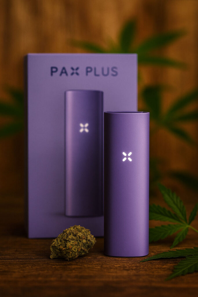 PAX Plus Vaporizer in periwinkle-blauer Farbe auf Holzoberfläche mit leichtem Rauch