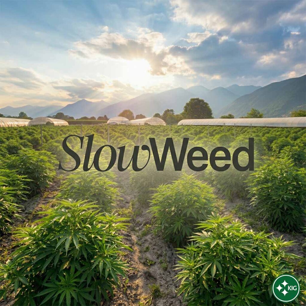 Grand champ de cannabis en plein air de Slow Weed au Tessin, dans un décor de montagne, avec le logo en filigrane.
