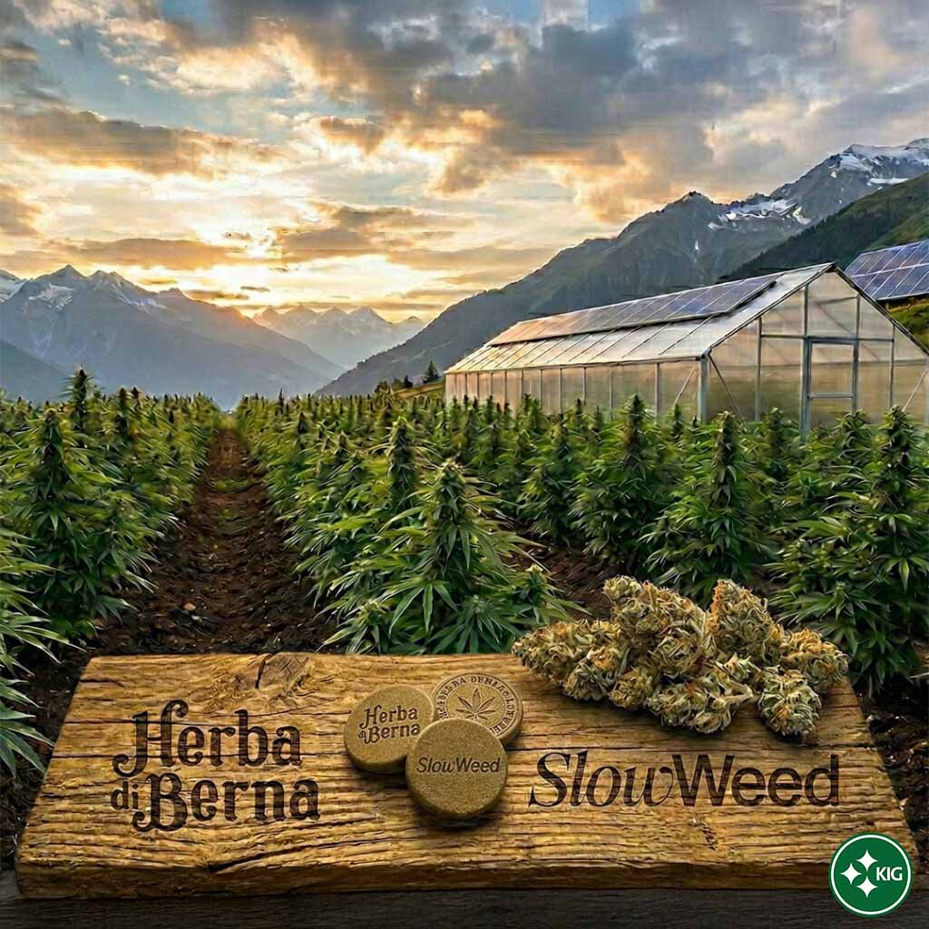 Ein Weitwinkel-Titelbild, das eine nachhaltige Schweizer CBD-Farm in den Alpen bei Sonnenuntergang zeigt. Symmetrische Reihen von grünen Hanfpflanzen führen zu majestätischen Schneegipfeln. Rechts ein modernes Gewächshaus mit Solarpanelen. Im Vordergrund ein rustikales Holzbrett mit den gravierten Logos „Herba di Berna“ (links) und „Slow Weed“ (rechts). Darauf liegen drei detaillierte gold-braune gestempelte Hasch-Münzen und getrocknete Cannabis-Blüten. Die Münzen zeigen gestempelte Logos: „Herba di Berna“ (links), „Slow Weed“ (mitte) und ein kombiniertes „HERBA DI BERNA & SLOWWEED“ Siegel (rechts). Die Beleuchtung ist warm und natürlich.