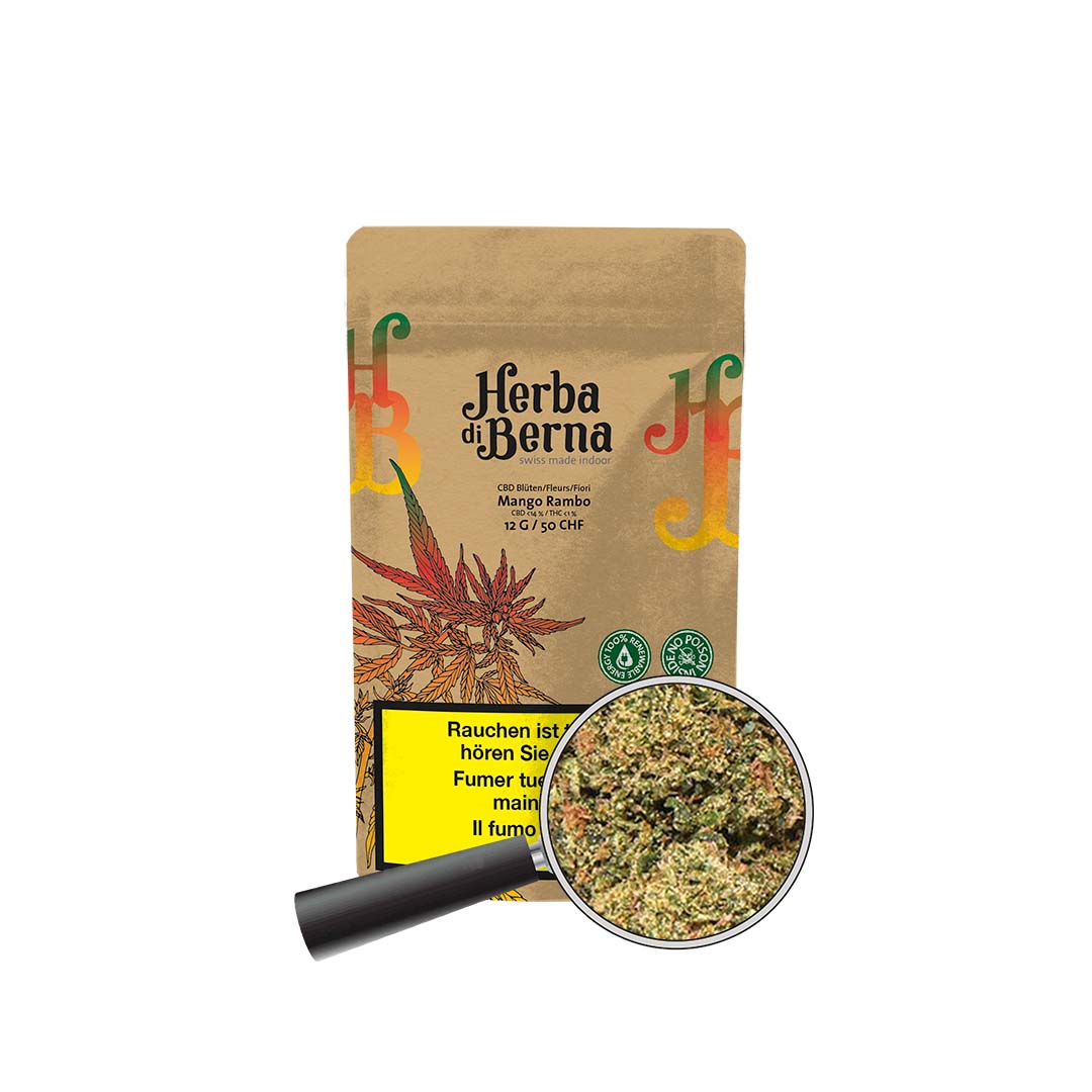 Geöffnete Verpackung zeigt grosse harzige Indoor Knospen für alle die frische Mango Rambo CBD Blüten kaufen möchten