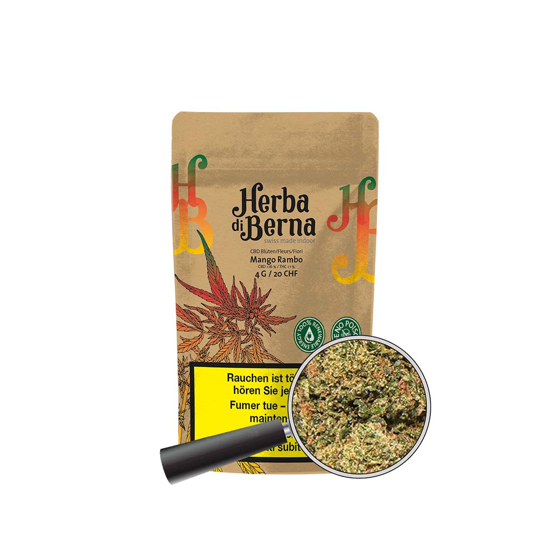 Nahaufnahme der Herba di Berna Verpackung mit Lupe für Kunden die hochwertige Mango Rambo CBD Blüten kaufen wollen