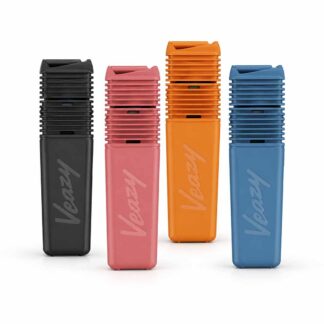 Acquisti i vaporizzatori Veazy per fiori CBD nei colori nero, rosa, arancione e blu su sfondo bianco.
