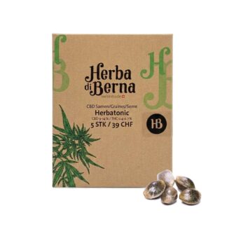 Braune Kartonverpackung der Herbatonic CBD Samen von Herba di Berna mit grünem Hanfblatt-Design, davor liegen fünf Hanfsamen auf weissem Hintergrund.