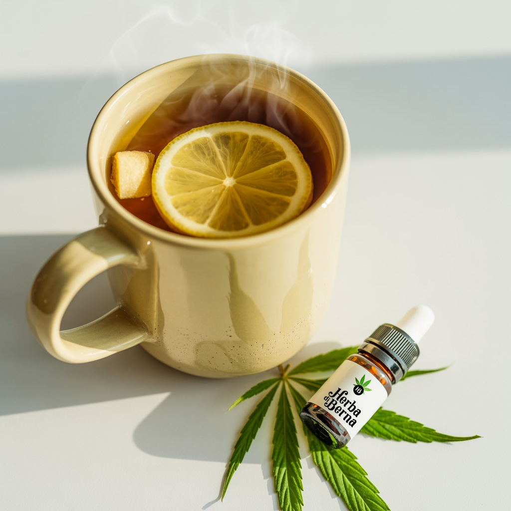 Person eingekuschelt in Decke mit Tee und CBD-Öl auf dem Tisch, warme Atmosphäre, Wellness & Erkältungszeit