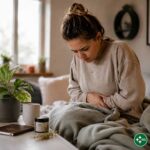 Person hält sich bei Regelschmerzen den Unterbauch, daneben CBD Kosmetik, Tee und warme Decke als Symbol für Ruhe und Zyklusroutine.