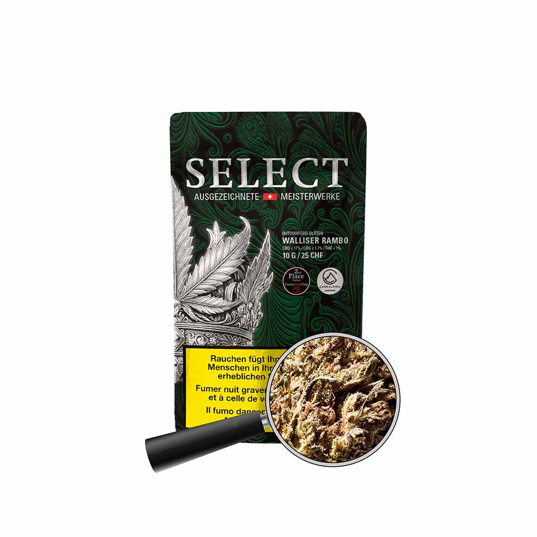 CBD Blüten kaufen – Walliser Rambo: Schweizer Indoor-Blüten mit intensivem, erdigem Geschmack und 15 % CBD-Gehalt.