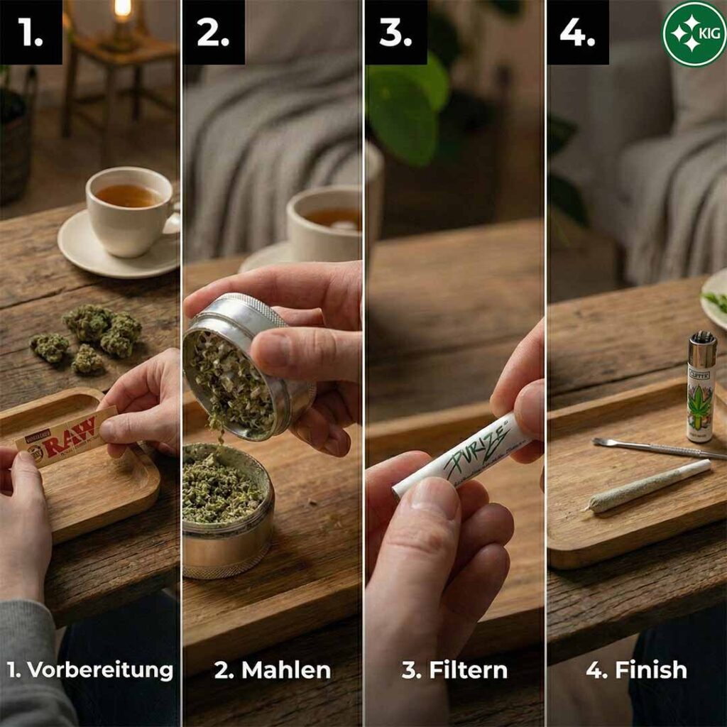 Vier-geteilte Bilderfolge als Anleitung: Bild 1 zeigt die Vorbereitung mit Tablett und Raw Papers; Bild 2 das Mahlen der Blüten im Grinder; Bild 3 das Eindrehen eines Purize Aktivkohlefilters; Bild 4 den fertigen Joint neben einem Clipper Feuerzeug mit Stopfwerkzeug.