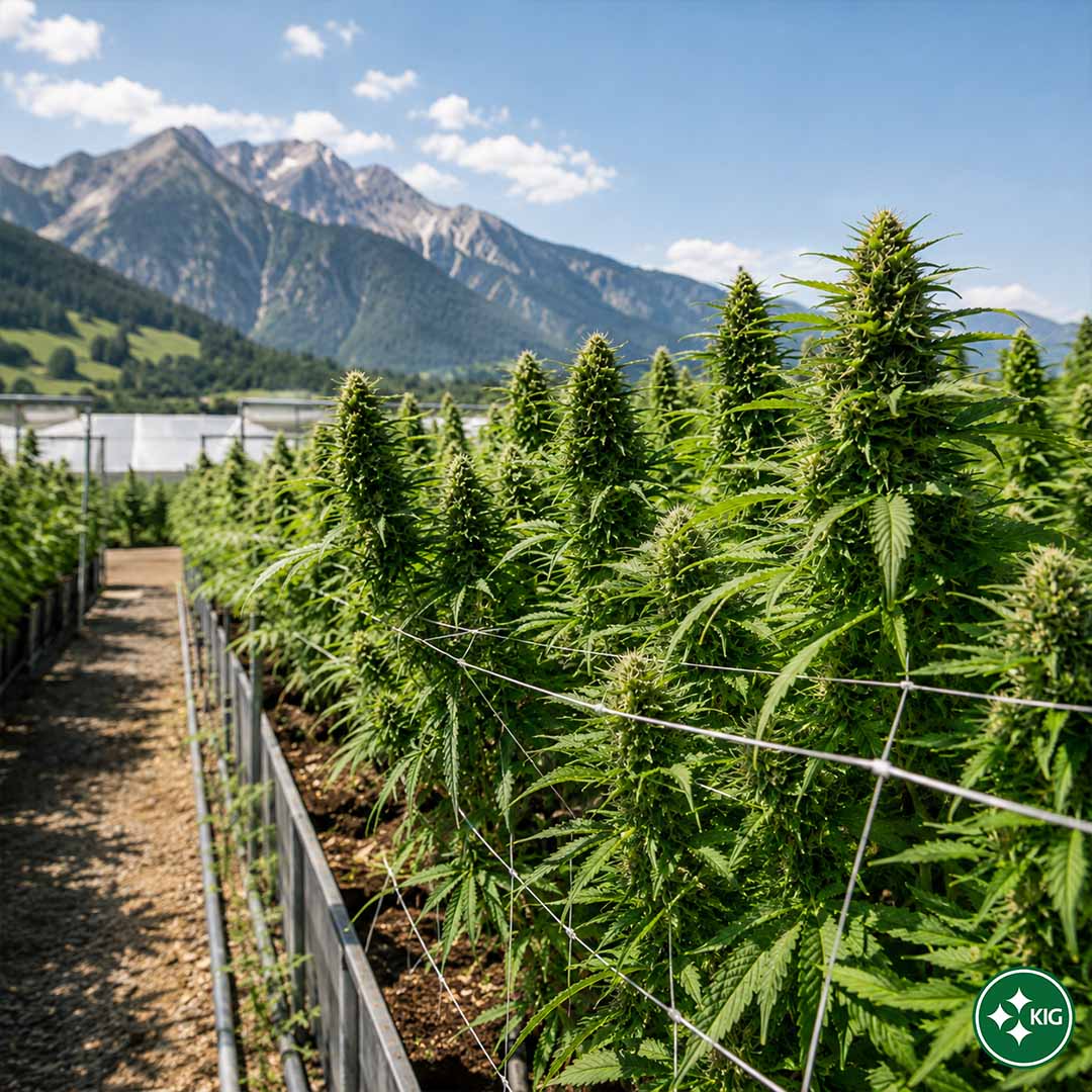 Gleichmässige LED-Ausleuchtung über gesunden Cannabispflanzen im Indoor-Anbau zur Unterstützung von Wachstum und Ertrag
