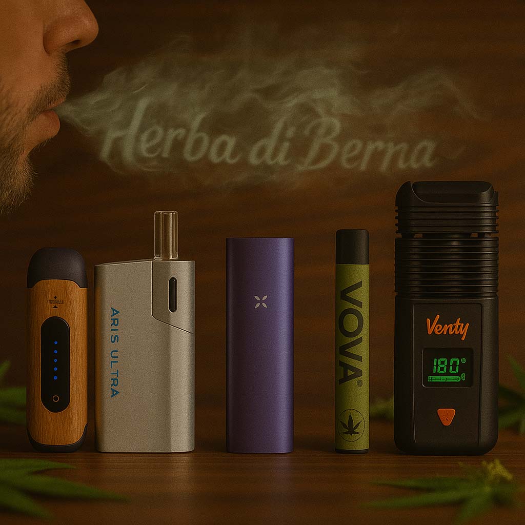 Fünf Vaporizer auf dunklem Holzhintergrund – Wolkenkraft Vita, Äris Ultra, PAX Plus, VOVA und Venty – mit grünlich-weissem Rauch, der das Herba di Berna Logo formt.