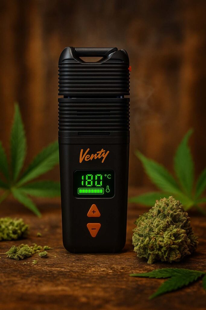 Fünf Vaporizer auf dunklem Holz – Wolkenkraft Vita, Äris Ultra, PAX Plus, VOVA und Venty – mit Rauch und Herba di Berna Logo