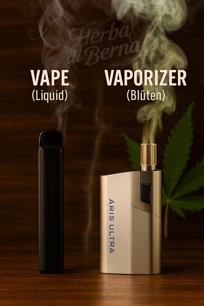 CBD Vape oder Vaporizer und Blüten-Vaporizer nebeneinander auf dunklem Holzhintergrund, mit Rauch und Cannabisblatt im Hintergrund – Herba di Berna