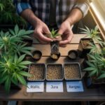 Ein kleiner grüner Cannabis-Sämling spriesst aus einem gekeimten CBD Samen in der Erde.