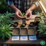 Ein kleiner grüner Cannabis-Sämling spriesst aus einem gekeimten CBD Samen in der Erde.