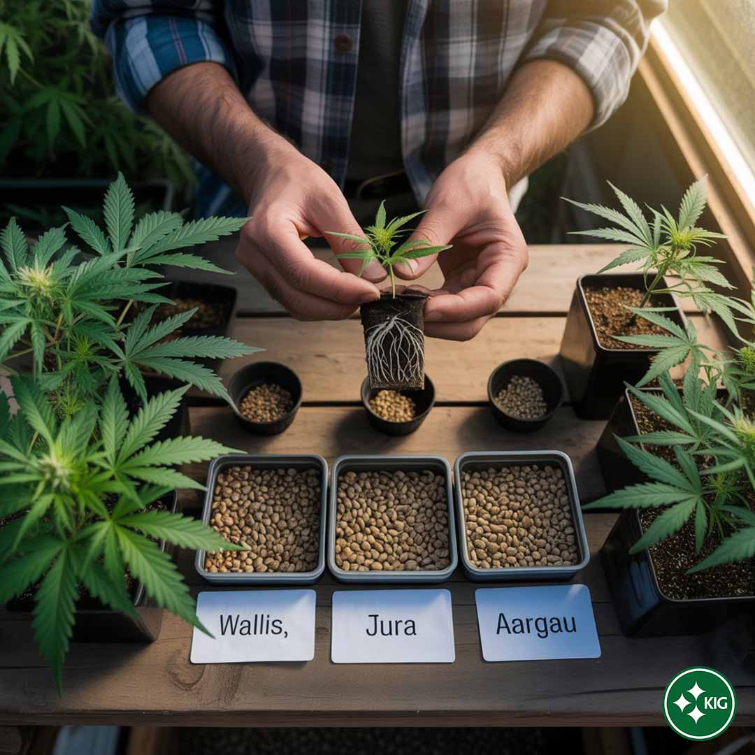 Ein kleiner grüner Cannabis-Sämling spriesst aus einem gekeimten CBD Samen in der Erde.