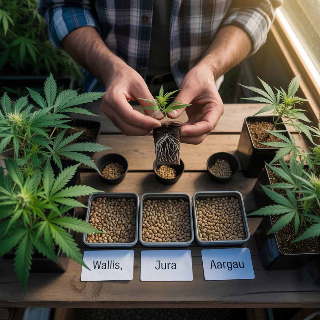 Ein kleiner grüner Cannabis-Sämling spriesst aus einem gekeimten CBD Samen in der Erde.