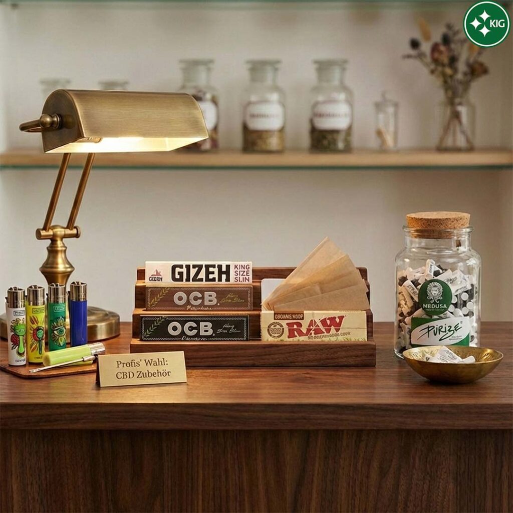 Produktbild verschiedener Aktivkohlefilter vor blauem Hintergrund: Links ein Beutel Gizeh Procell (braun/gold), mittig Schachteln der Medusa Violet und Organic Edition, rechts der bunte Gizeh Procell Prism Beutel. Im Vordergrund liegen lose grüne und regenbogenfarbene Gizeh Filter.