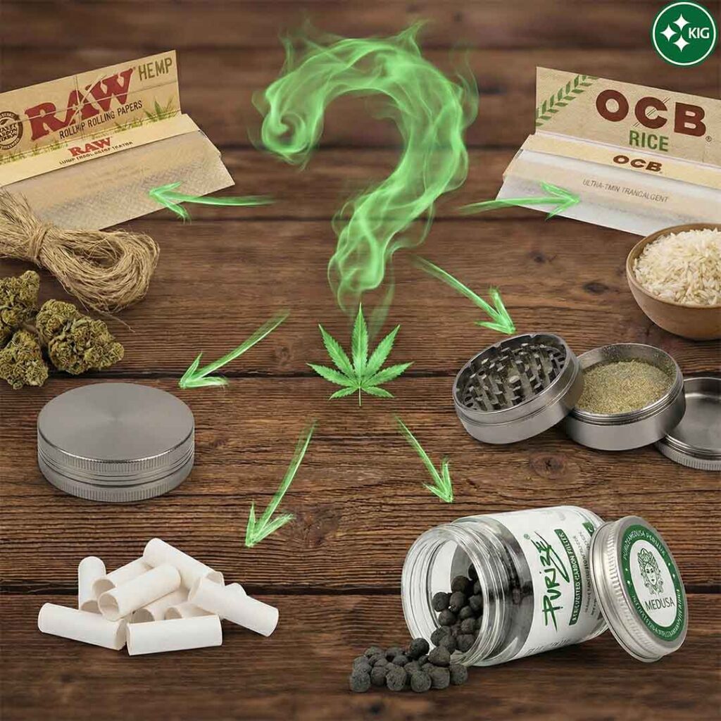 Konzeptbild zur Auswahl von CBD Zubehör: Ein großes Fragezeichen aus grünem Rauch über einem Cannabisblatt zeigt mit Pfeilen auf verschiedene Optionen: Raw Hanfpapier, OCB Reispapier, einen 2-teiligen und 4-teiligen Grinder, sowie den Vergleich zwischen einfachen Papiertips und einem Glas mit Aktivkohlefiltern.