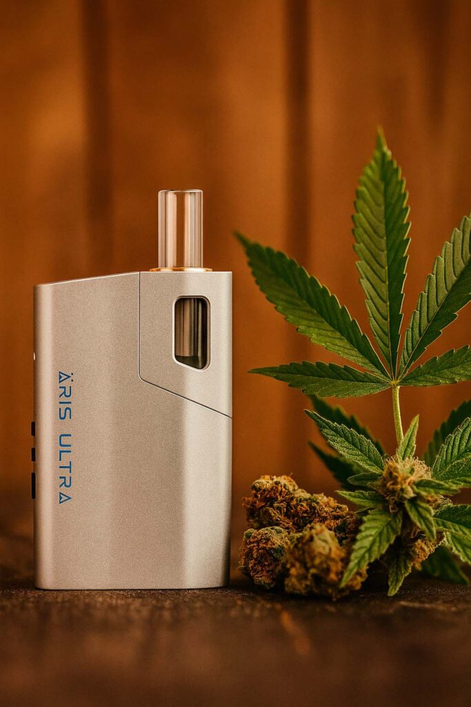 Venty Vaporizer mit digitalem Display und Rauchentwicklung auf dunklem Holz