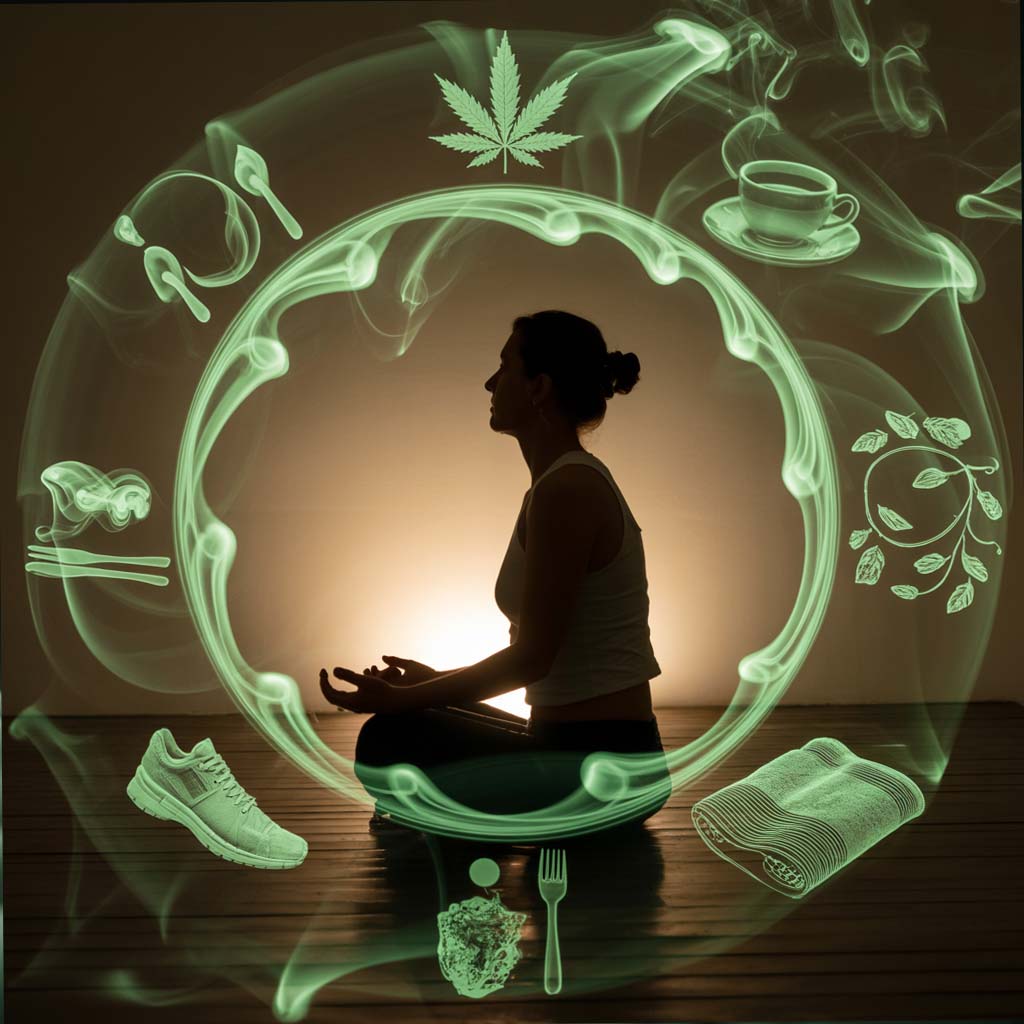 Ein Nachttisch mit CBD-Öl als Teil einer Abendroutine für besseren Schlaf zur Unterstützung.