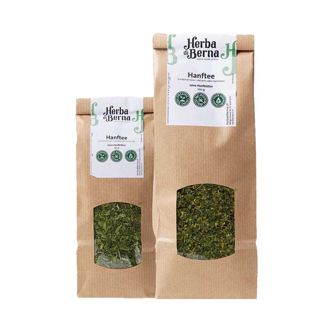 Thé au chanvre bio à base de feuilles de chanvre cultivées en plein air, conditionné par Herba di Berna