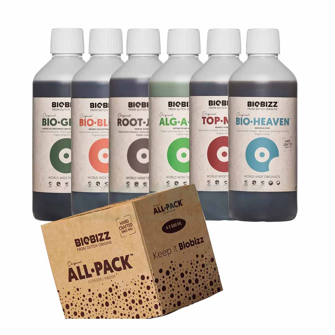 Le kit complet BioBizz All-Pack Indoor 500ml avec six bouteilles d'engrais organiques et l'emballage d'origine. Le kit de démarrage parfait pour les engrais de cannabis pour une culture de CBD réussie. 