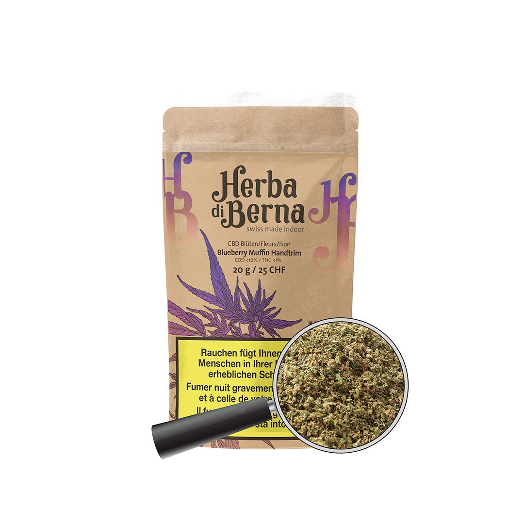 Blueberry Muffin Indoor Trim – Premium CBD Trim aus Schweizer Indoor-Anbau Blueberry Muffin Indoor Trim von Herba di Berna – hochwertiger CBD Trim mit fruchtig-süssem Aroma und fast 16 % CBD.
