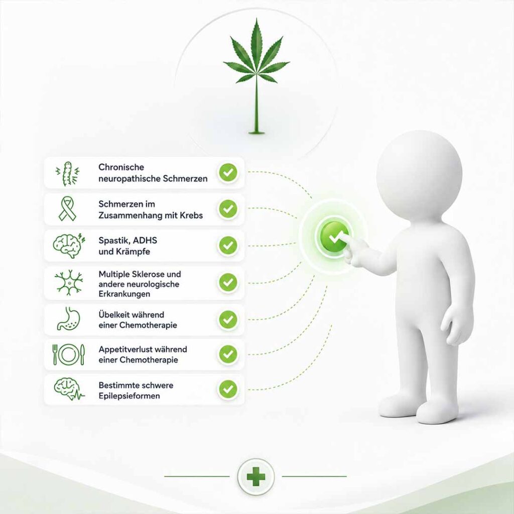 Grafik zu den Anwendungsgebieten von Cannabis als Arzneimittel bei chronischen neuropathischen Schmerzen, Krebsschmerzen, Spastik, ADHS, Krämpfen, Übelkeit, Appetitverlust und schweren Epilepsieformen.