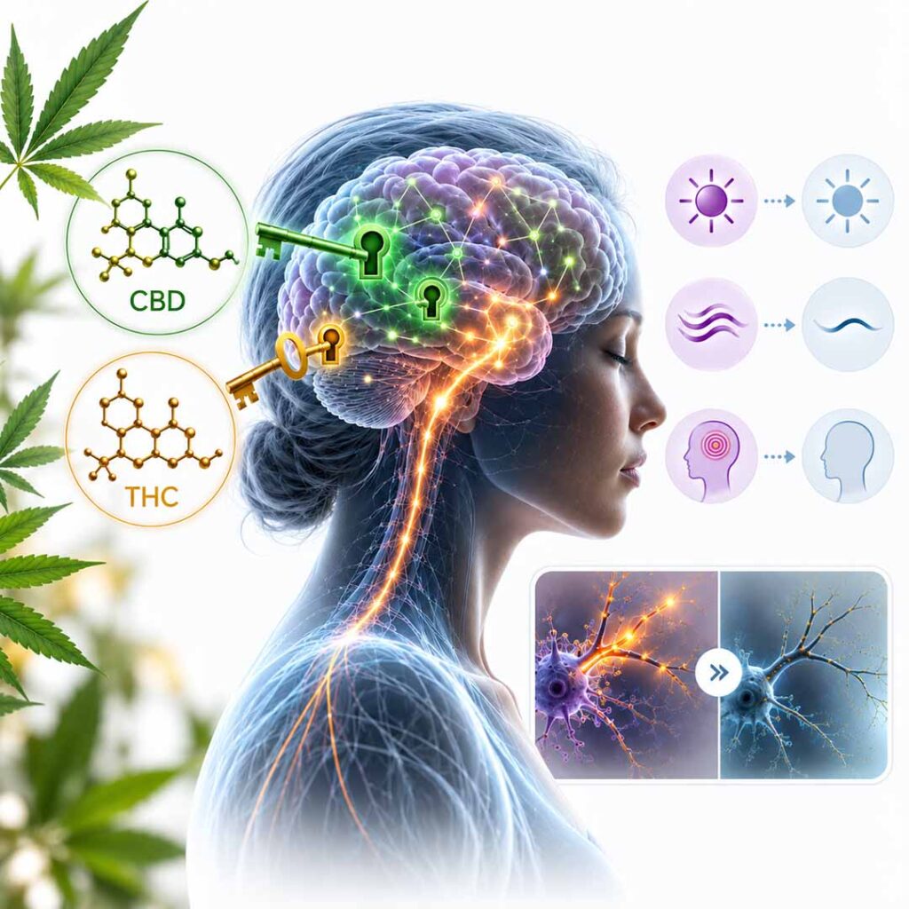 Cannabis bei Migräne mit CBD und THC als Symbol für die Forschung zu Cannabinoiden und dem Nervensystem