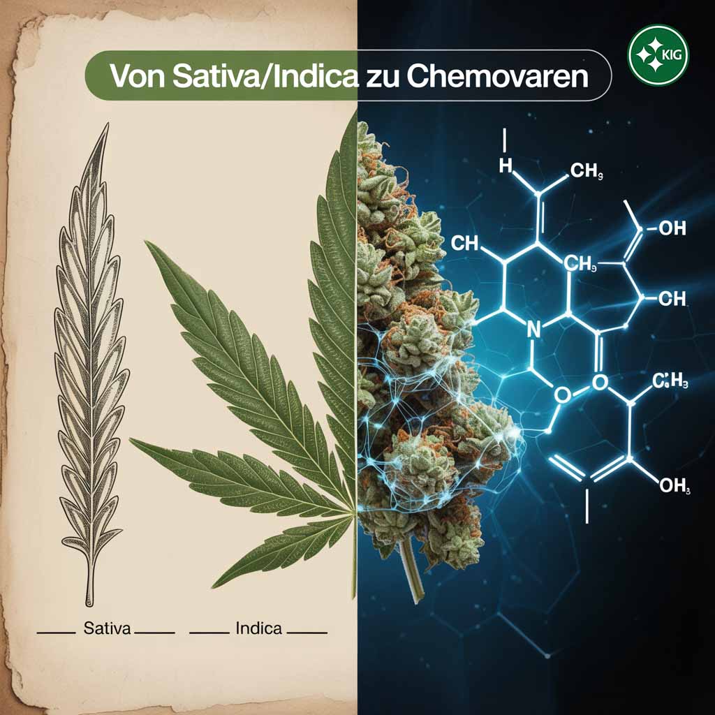 Une infographie moderne qui montre la transition de la classification classique Sativa et Indica vers les chimiovars. On y voit une empreinte chimique stylisée sous la forme d'une feuille de cannabis, complétée par des données sur les cannabinoïdes et les terpènes. Le texte de l'image est le suivant : "L'EMPREINTE CHIMIQUE - Chaque chimiovar est unique".  