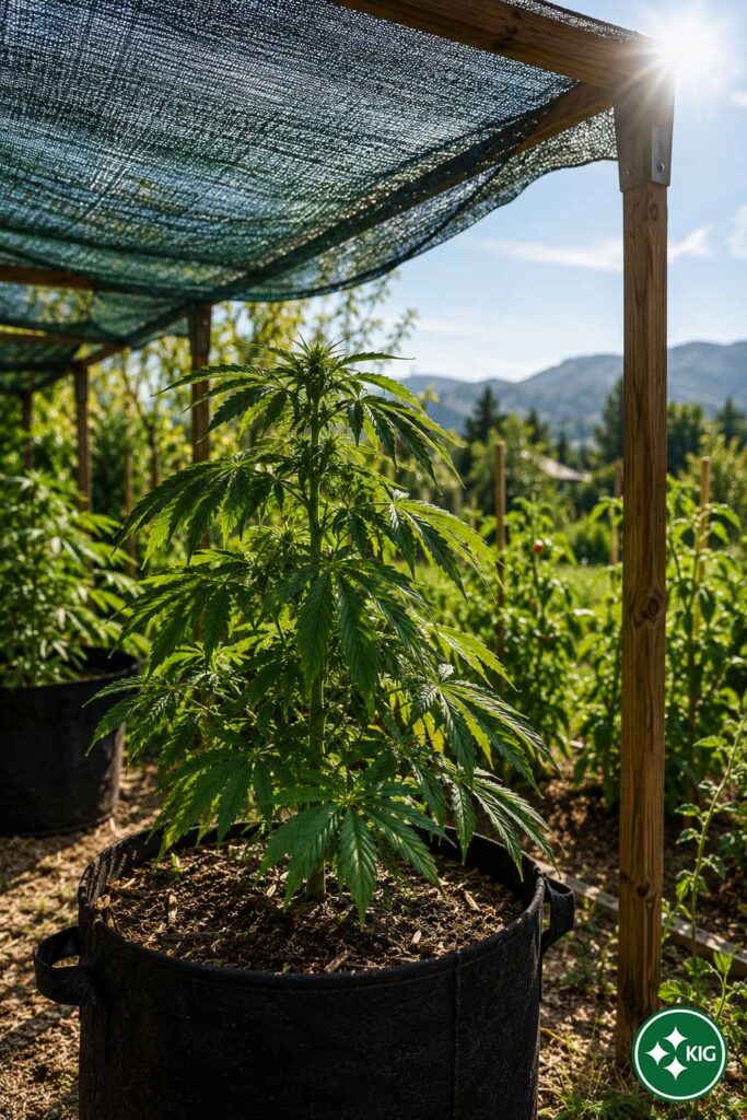Outdoor-Cannabispflanze im Topf unter leichtem Schattiernetz als Beispiel für Halbschatten bei Sommerhitze in der Schweiz