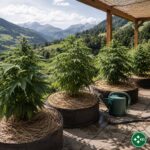 Outdoor-Cannabispflanzen in Töpfen mit Mulch und leichter Beschattung als Symbol für Cannabis Hitzestress im Schweizer Sommer