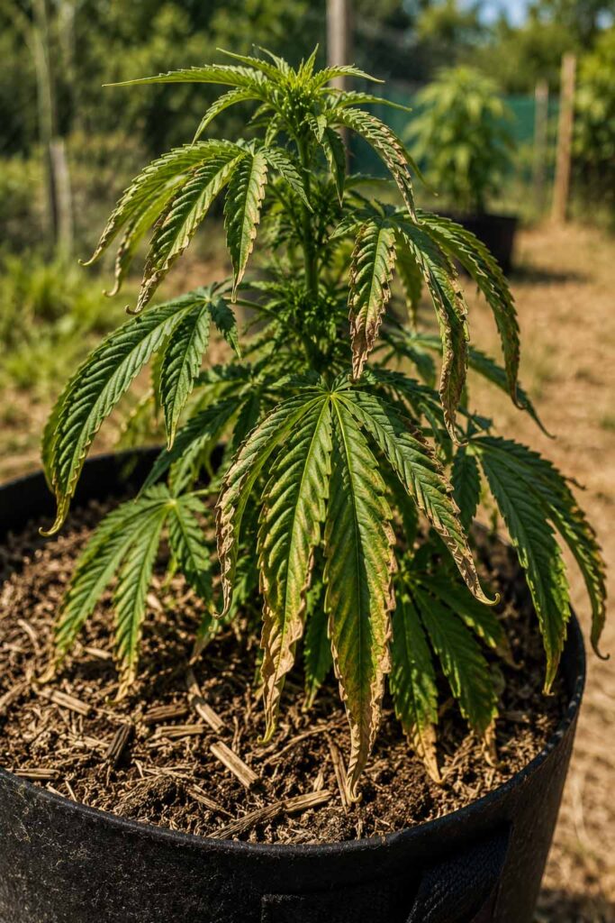 Cannabispflanze mit hängenden und eingerollten Blättern als Beispiel für Hitzestress im Outdoor-Anbau