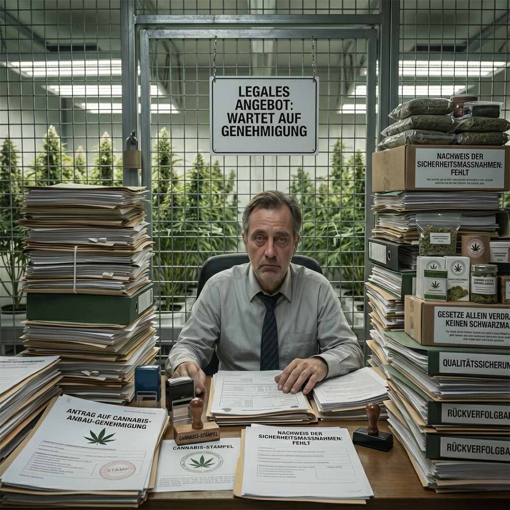 Eine Sanduhr mit Cannabis-Blüten auf einem Schreibtisch mit politischen Dokumenten. Das Bild symbolisiert den Zeitdruck bei der Schweizer Cannabis-Regulierung und die wachsende Gefahr durch den Schwarzmarkt bei weiteren politischen Verzögerungen.