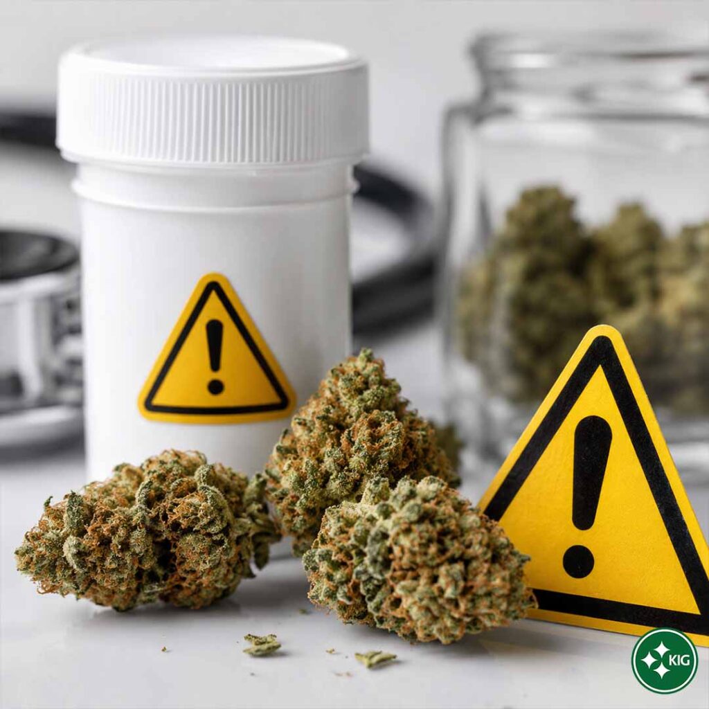 Herba di Berna CBD Schweiz Cannabisblüten neben einem Medikamentenbehälter und gelben Warnsymbolen als Darstellung von Nebenwirkungen und Risiken bei medizinischem Cannabis.