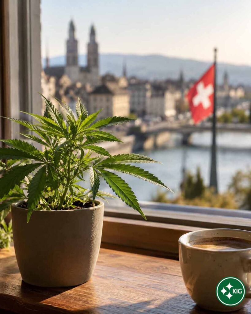 Cannabis Recht Schweiz mit Hanfblatt als Symbol für Aufklärung und Regulierung