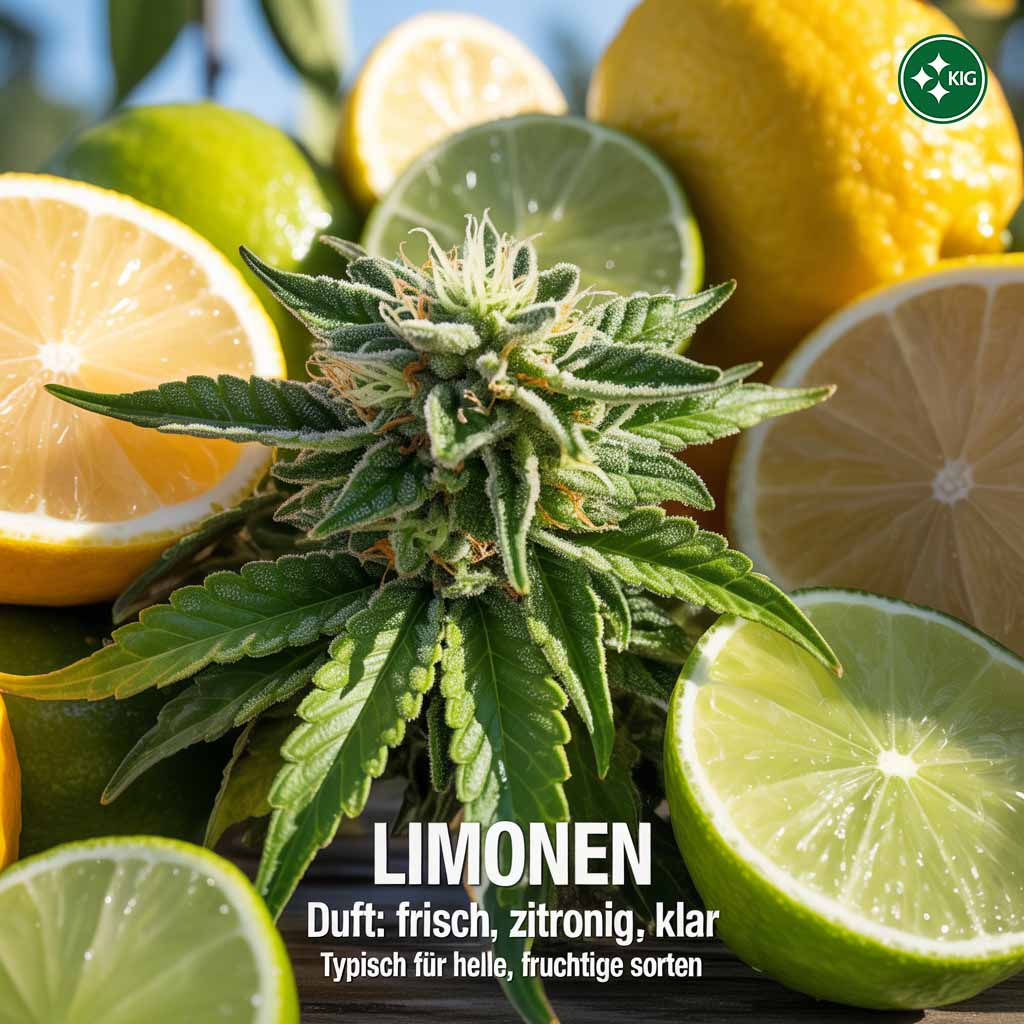 Gros plan réaliste et ensoleillé d'une fleur de cannabis vert clair avec des trichomes scintillants, arrangés à côté de citrons frais et de zestes d'agrumes. Le texte de l'image est "LIMONES" et décrit le parfum comme "frais, citronné, clair". L'image transmet une atmosphère lumineuse et vivifiante.  