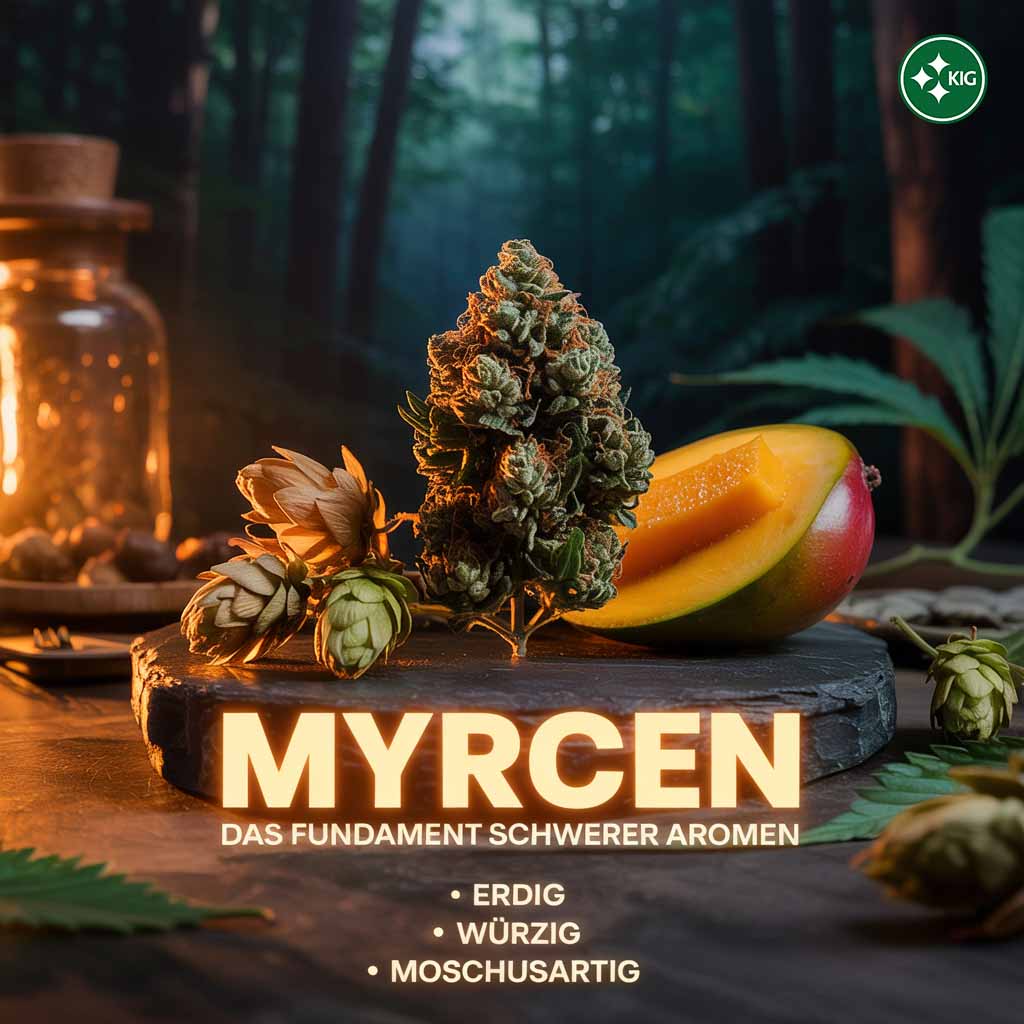 Gros plan réaliste sur une fleur de cannabis résineuse, disposée à côté de cônes de houblon séchés et d'une mangue fraîche sur un fond sombre et évocateur. Le texte en clair dans l'image indique : "TERPENE FREQUENCE : MYRCEN". En dessous, le parfum est décrit comme : "terreux, épicé, légèrement musqué". La présence de cannabis, de houblon et de mangue est également mentionnée dans le texte.   