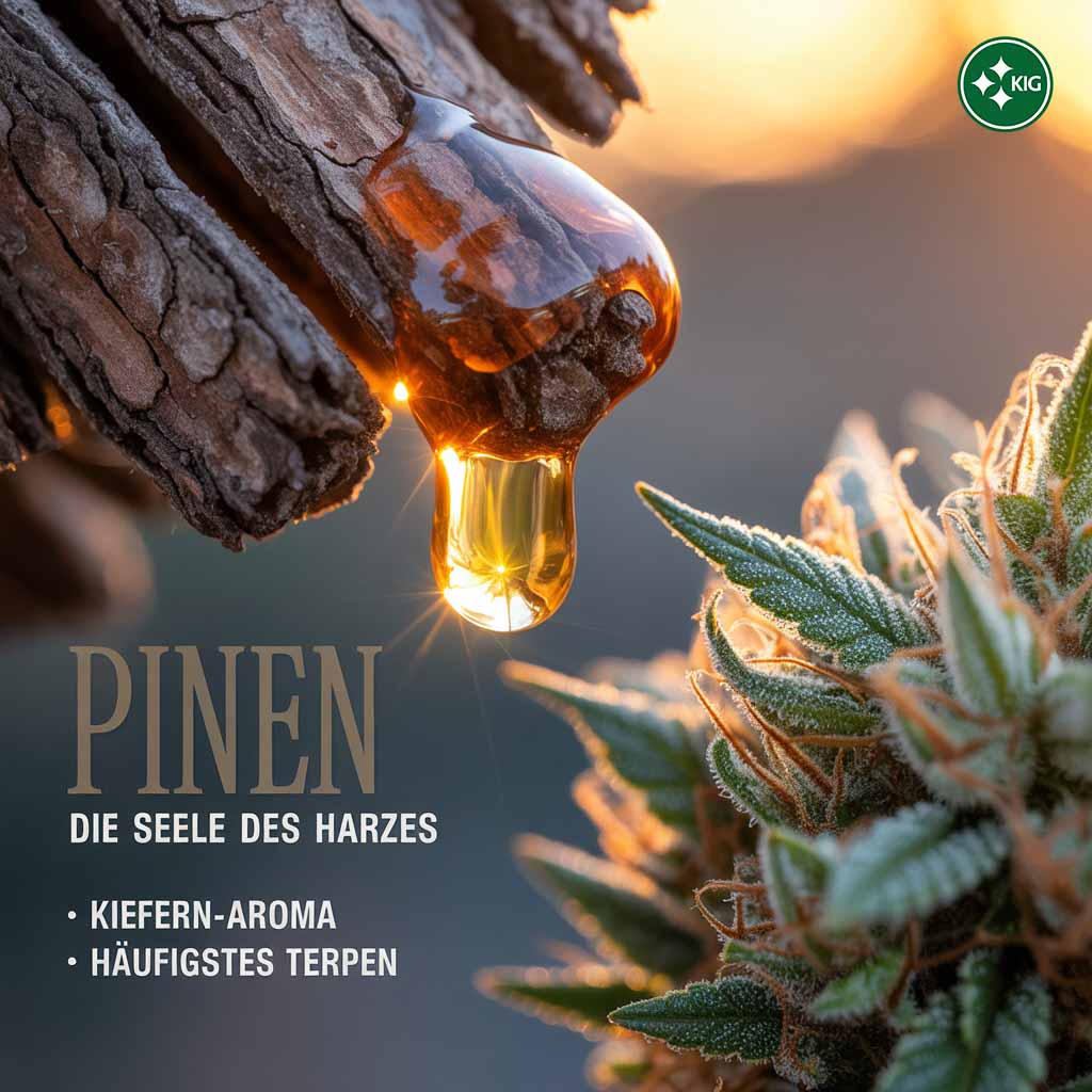 Photo réaliste et naturelle d'une fleur de cannabis résineuse, disposée à côté de branches de pin fraîches et de résine d'arbre dorée. Le texte dans l'image est "PINEN" et décrit l'arôme comme "boisé, résineux, rappelle les aiguilles de pin". L'image évoque une atmosphère de forêt fraîche et naturelle.  