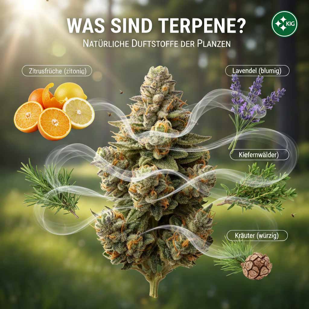 Macrophotographie de trichomes de cannabis (glandes résineuses) permettant de visualiser la production de terpènes. Des images superposées de citron, de lavande et de pin montrent la diversité des arômes qui sont produits ici en même temps que les cannabinoïdes. 