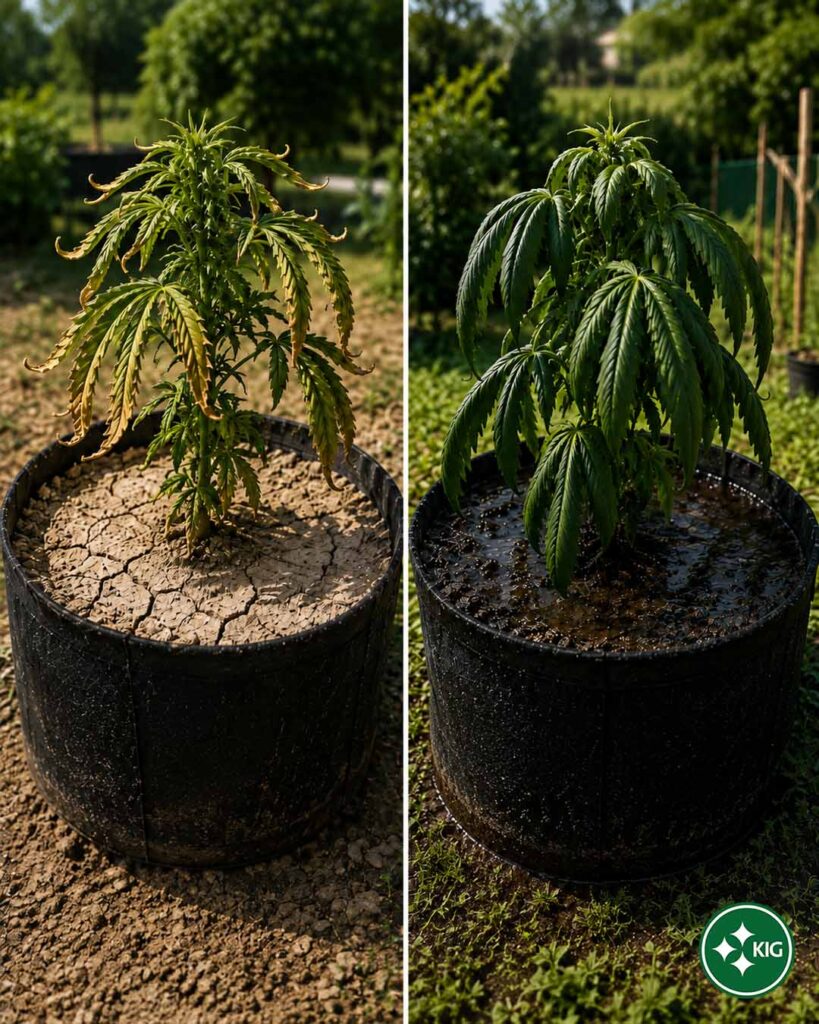 Vergleich von Cannabispflanzen bei Trockenheit und Überwässerung mit trockener beziehungsweise stark nasser Erde