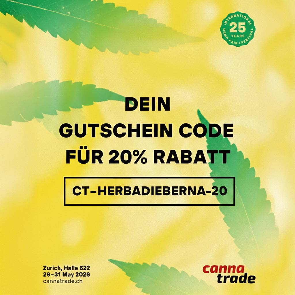 20% Rabatt Gutscheincode CT-HERBADIEBERNA-20 für CannaTrade 2026 Tickets in Zürich, präsentiert von Herba di Berna.