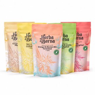 Gamme de sels de bain au CBD de Herba di Berna, disponible en cinq parfums différents, chacun contenant 500 mg de CBD