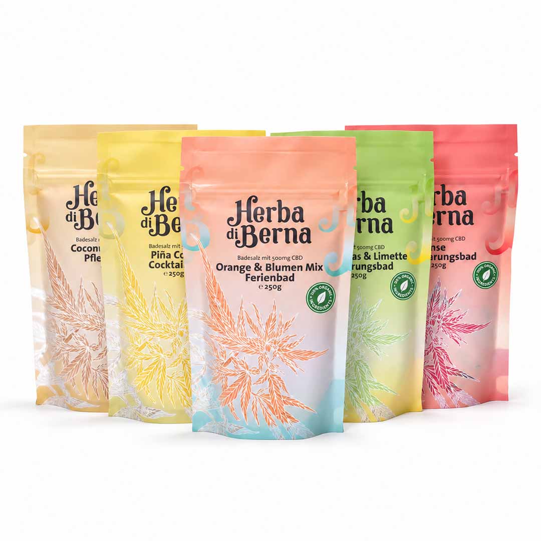 Assortimento di sali da bagno al CBD di Herba di Berna, disponibile in cinque varianti profumate, ciascuna contenente 500 mg di CBD