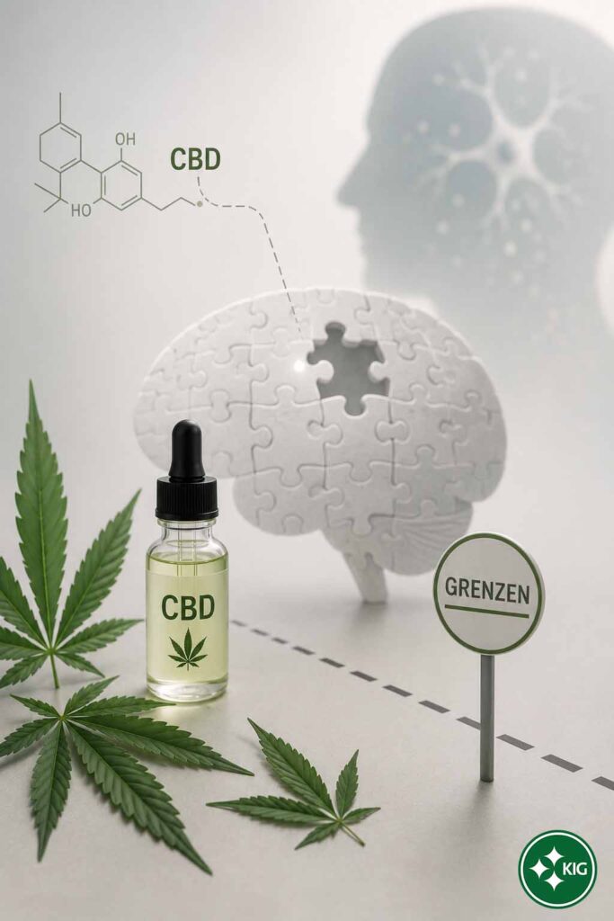 Cannabisblätter, Gehirnmodell und Grenzsymbol als visuelle Darstellung der Forschung zu CBD bei Alzheimer